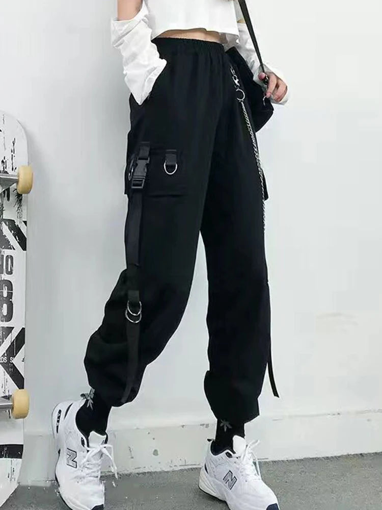 ZOKI Gothic Women Cargo Pants Black Joggers High Waisted Harajuku Harem Pants Punk Goth Techwear Chain Trousers Female Hip Hop