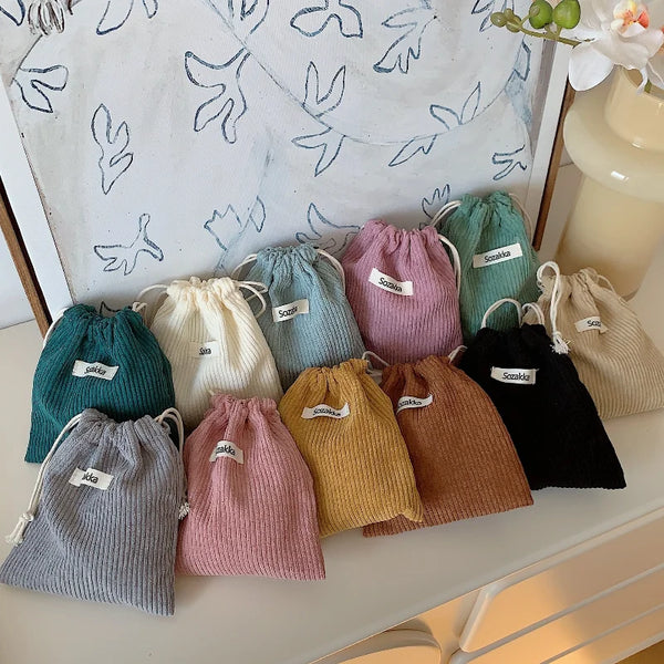 Solid Color Corduroy Storage Bag Drawstring Buckle Cosmetic Bag Women Portable Handheld Large Capacity Organizer Toiletry Bag