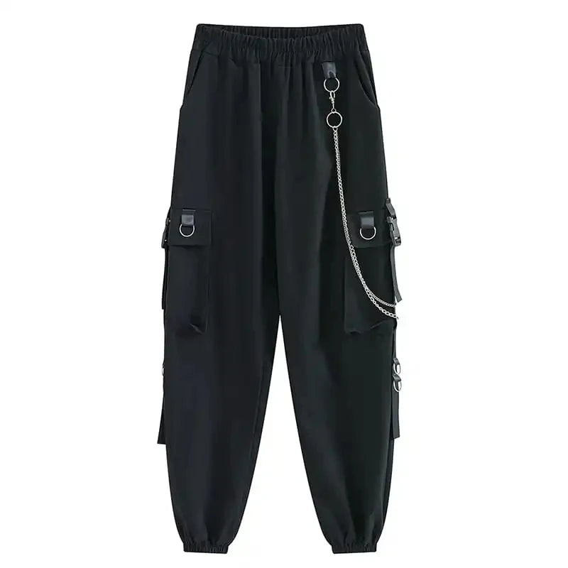 ZOKI Gothic Women Cargo Pants Black Joggers High Waisted Harajuku Harem Pants Punk Goth Techwear Chain Trousers Female Hip Hop