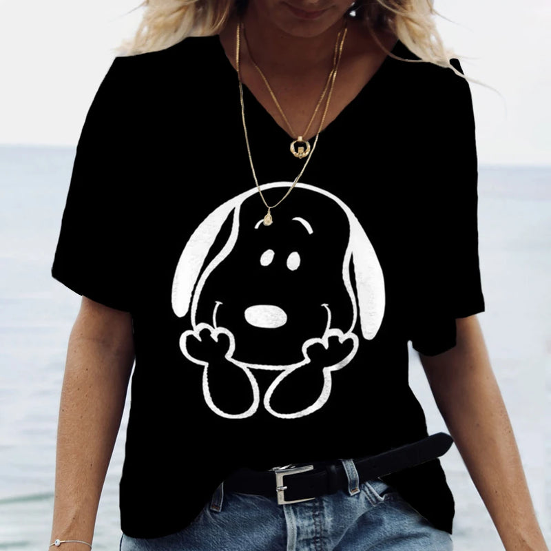 Summer Women T-Shirt S-3XL Fashion Short Sleeve V-Neck Top Snoopy print T-Shirt Casual Loose Female Street Style