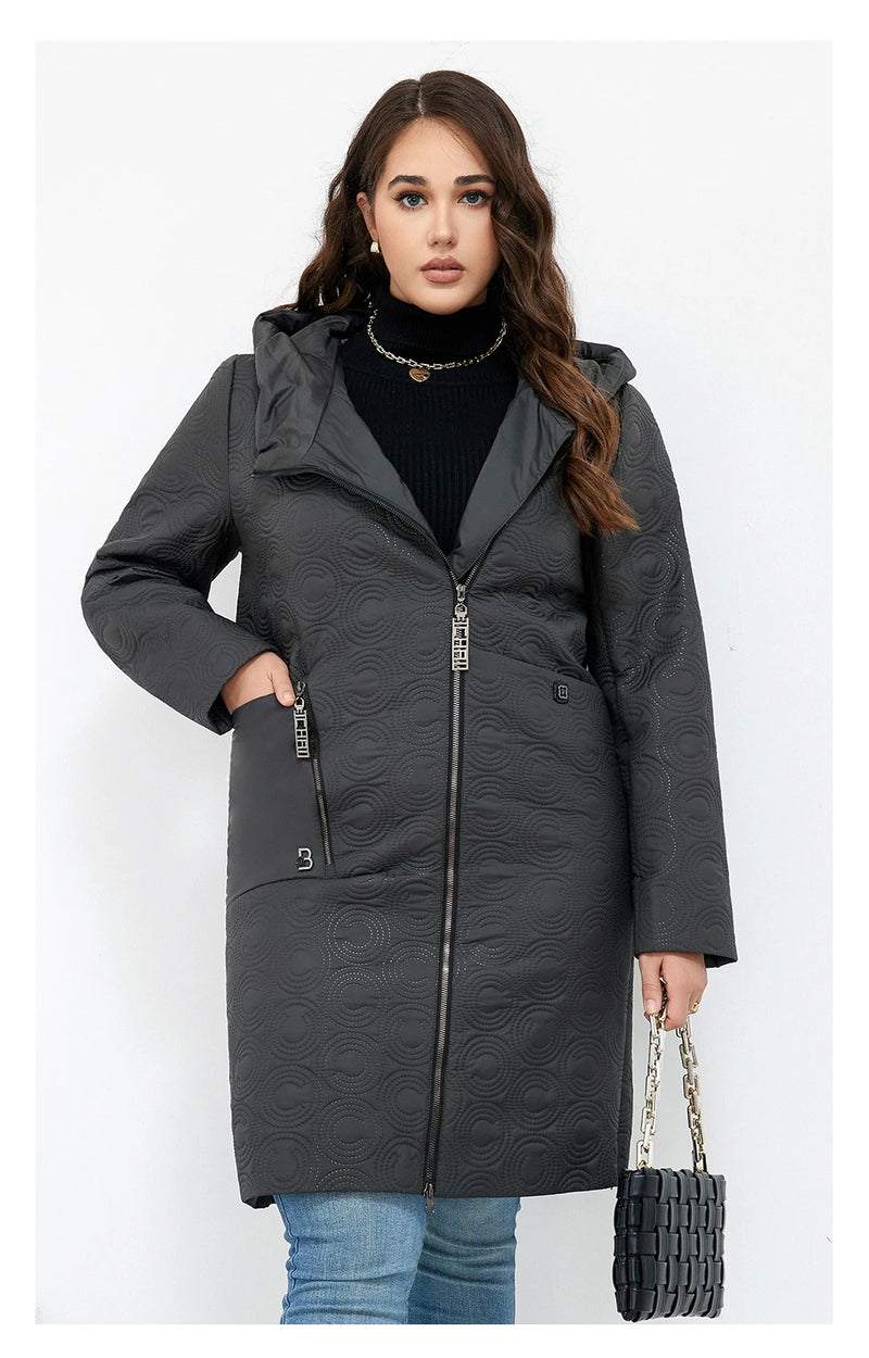 HaiLuoZi 2023 Autumn Women Jackets Plus Size Long Hooded Quilted Light weight Big pockets Bio-cotton Stylish Women's coat 5537