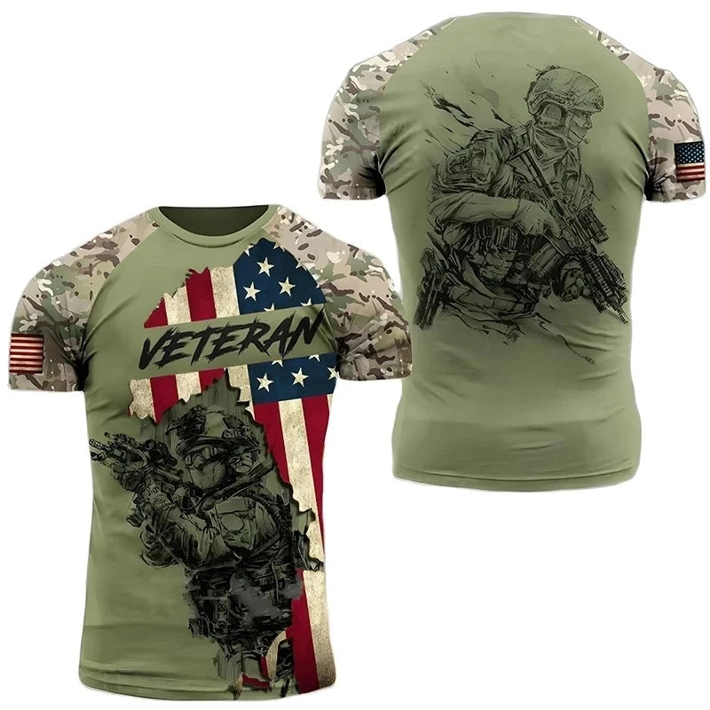 Summer New Military Printed Men's T-shirt American Soldier Casual Round Neck Short Sleeved Camouflage Loose and Comfortable Top