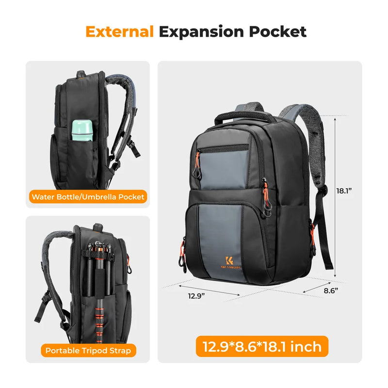 K&F Concept 30L Camera Backpack Large Capacity 33*22*46cm Outdoor Travel Camera Bag for Sony Canon Nikon DSLR with Rain Cover