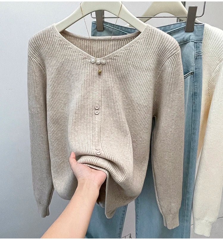 Plus Size Autumn V-Neck Pullover Sweater Women Pleated Loose Korean Ladies Sweaters Modis Casual Long Sleeve Woman Sweaters Tops