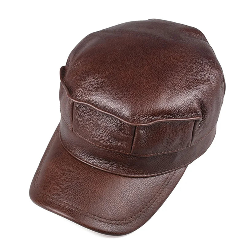 Winter first layer cowhide flat top octagonal hat men's father warm Leather Hat ear protection military cap duck tongue cap