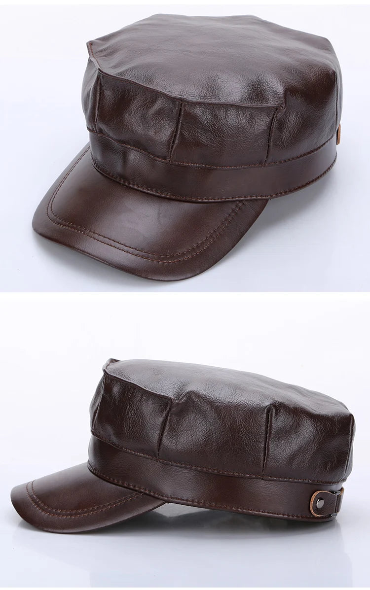 Winter first layer cowhide flat top octagonal hat men's father warm Leather Hat ear protection military cap duck tongue cap