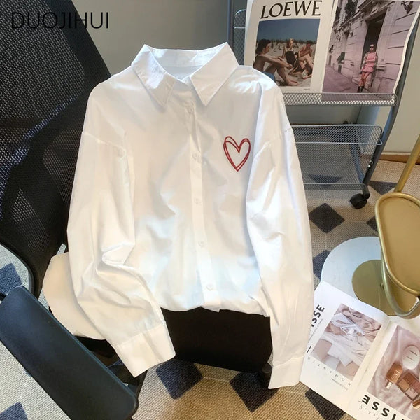 DUOJIHUI White Chic Embroidery Loose Long Sleeve Women Shirt Summer New Casual Single Breasted Fashion Solid Color Female Shirt