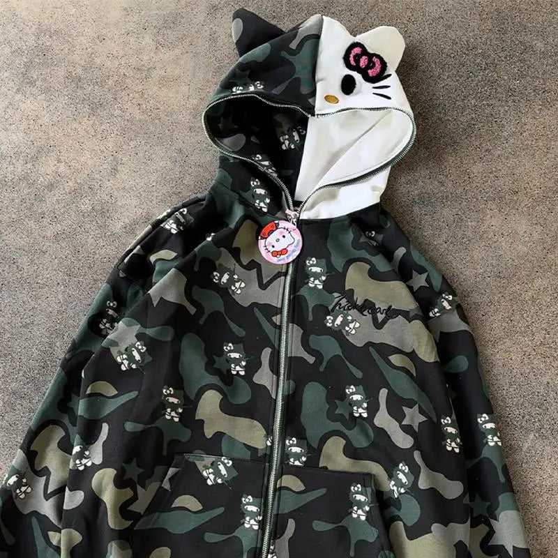 Hello Kitty Zip Hoodie Loose Cardigan Coat Streetwear Women Clothes Oversized Sweatshirt Cardigan Pure Cotton Camouflage Jacket