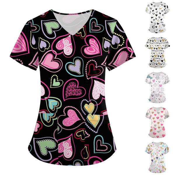 Women Working Uniform Valentine Day Femme Blouse Nurse work wear Medical Uniforms Heart Print Cartoon Short Sleeve V-neck Tops