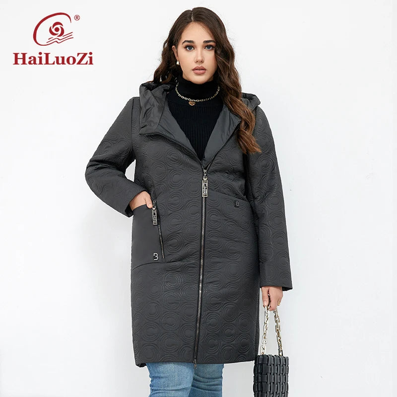 HaiLuoZi 2023 Autumn Women Jackets Plus Size Long Hooded Quilted Light weight Big pockets Bio-cotton Stylish Women's coat 5537