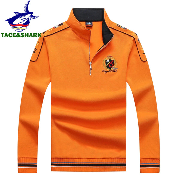 TACE&SHARK 2023 Casual Business Polo Shirt Pullover Half Zipper Long Sleeve Polo Shirt for Men Fashion Shark Embroidery