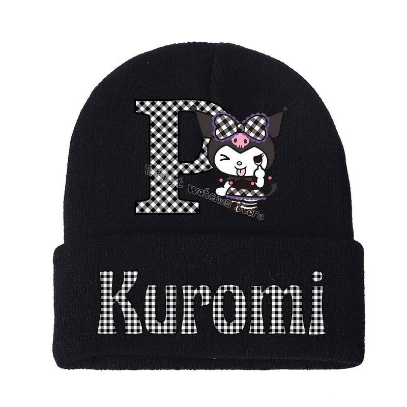 Kuromi Knitted Hat for Children A-Z Letters Cartoon Beanies Cap Winter Kids Street Hats Outdoor Warm Knitted Cap Black Hats Gift