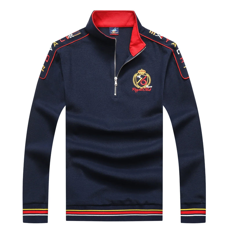 TACE&SHARK 2023 Casual Business Polo Shirt Pullover Half Zipper Long Sleeve Polo Shirt for Men Fashion Shark Embroidery