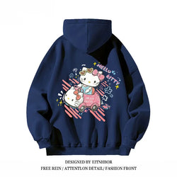 Hello Kitty Hooded Sweatshirt American Niche Fun Graffiti Cartoon Anime Women'S Autumn and Winter Loose Fit Slimming Jacket