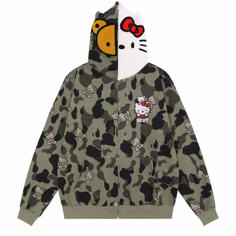 Hello Kitty Zip Hoodie Loose Cardigan Coat Streetwear Women Clothes Oversized Sweatshirt Cardigan Pure Cotton Camouflage Jacket