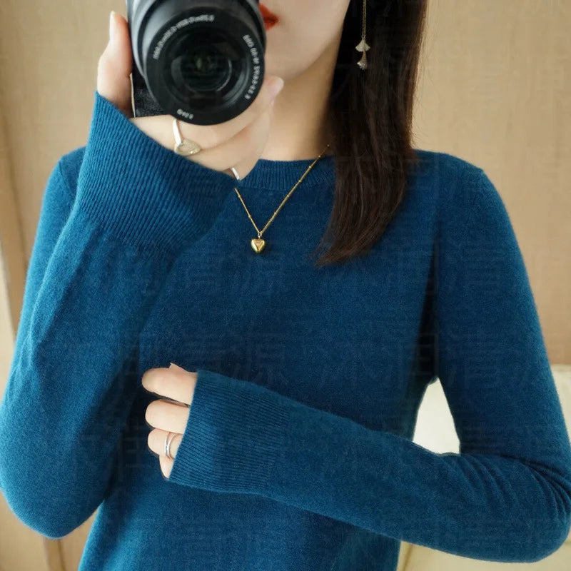 Sweaters Round Neck Pullover Women Keep Warm Long Sleeves Solid Color Bottoming Shirt Autumn Winter Cashmere Commuting Style