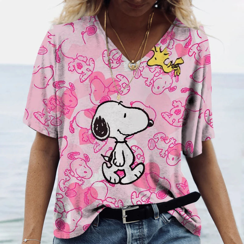 Summer Women T-Shirt S-3XL Fashion Short Sleeve V-Neck Top Snoopy print T-Shirt Casual Loose Female Street Style