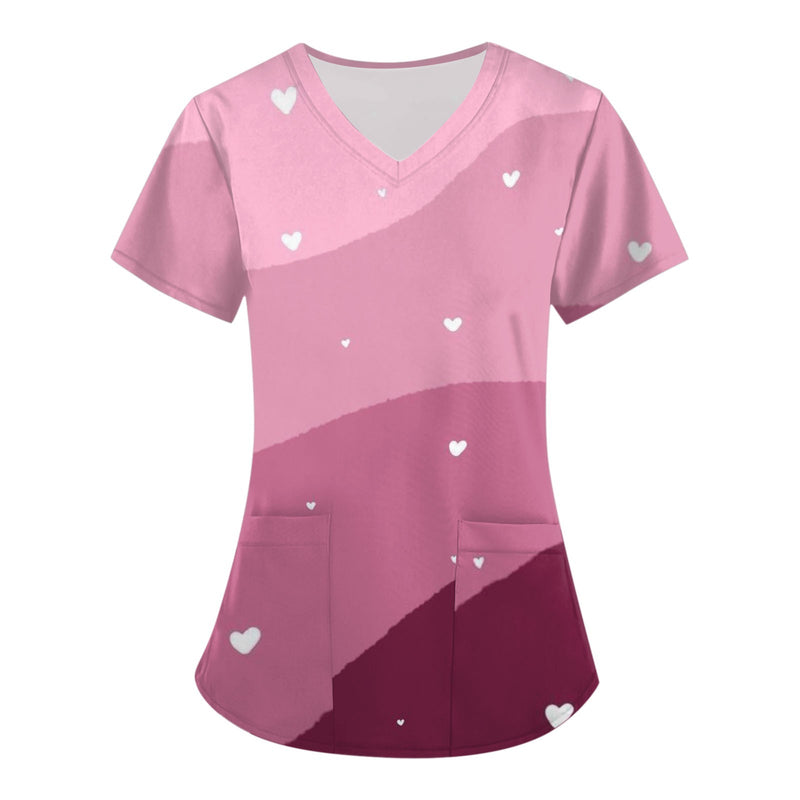 Women's Clothing Romantic And Caring Elements 3d Printed Pattern T-Shirt Nurse Uniform Work Uniform V-Neck Pocket Women's Top