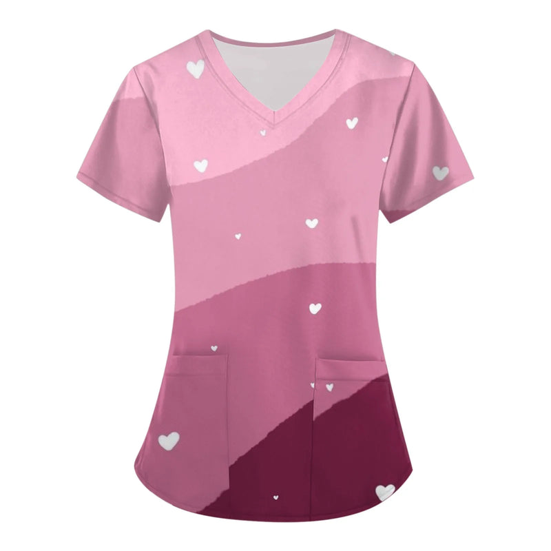 Women's Clothing Romantic And Caring Elements 3d Printed Pattern T-Shirt Nurse Uniform Work Uniform V-Neck Pocket Women's Top