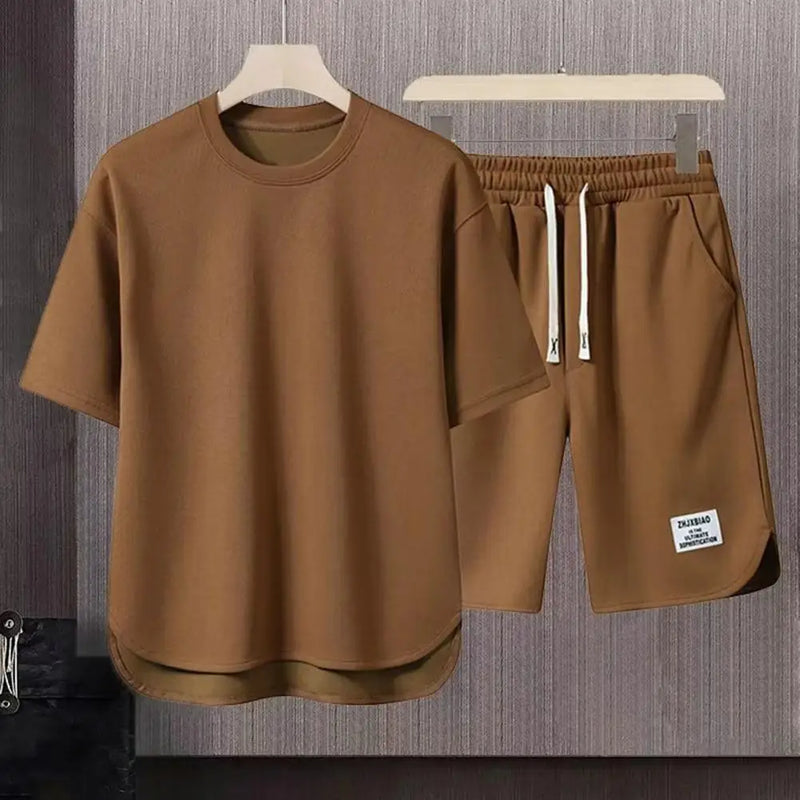 Men Activewear Set Men's Summer Casual Outfit Set O-neck Short Sleeve T-shirt Elastic Drawstring Waist Wide Leg Shorts for A