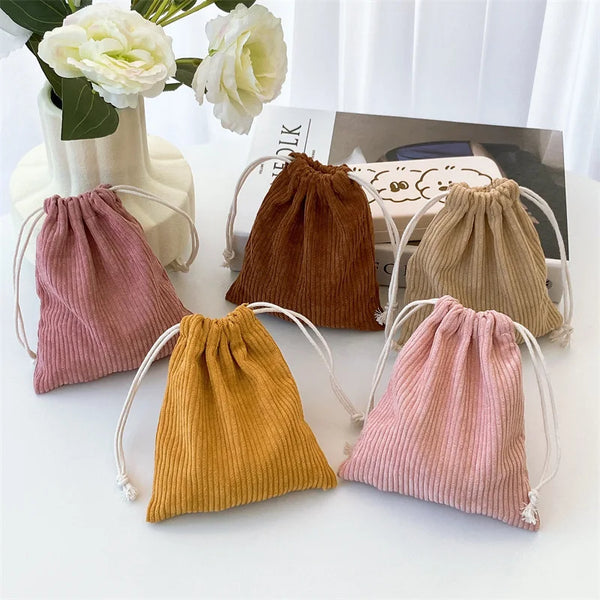 2pcs Corduroy Storage Bag Drawstring Strap Pocket Makeup Bag Women's Portable Portable Large Capacity Solid Color Zero Money Bag