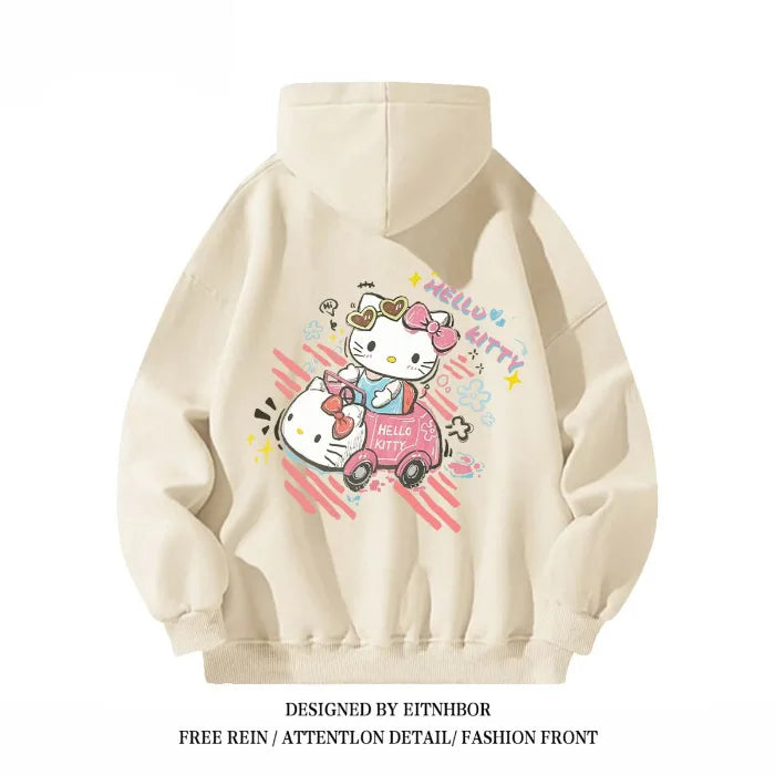 Hello Kitty Hooded Sweatshirt American Niche Fun Graffiti Cartoon Anime Women'S Autumn and Winter Loose Fit Slimming Jacket