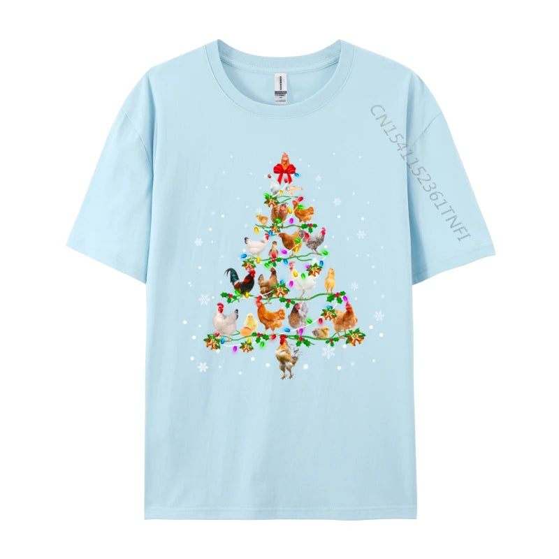 Chicken Christmas Tree Ornament Decor Xmas T-Shirt Male Fashionable Tops & Tees Round Neck Cotton Fabric Normal