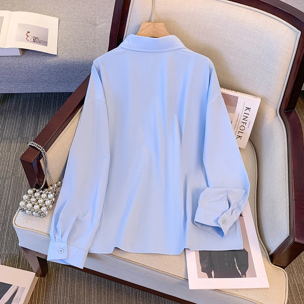 Spring and autumn new plus size women's commuter professional shirt polo collar blue simple loose blouse suit bottoming shirt