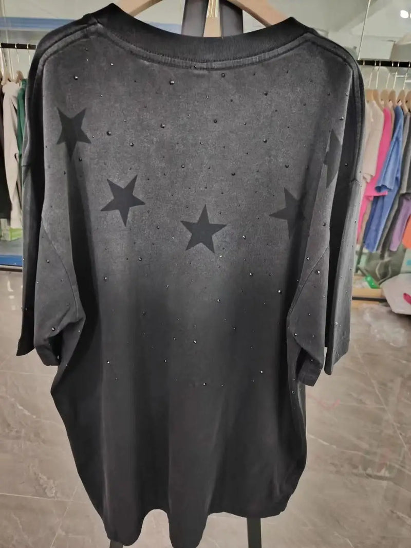 2024 Spring and Summer round Neck Washed and Worn Five-Pointed Star Rhinestone T-shirt Men's Heavy Thickening Loose Top Men