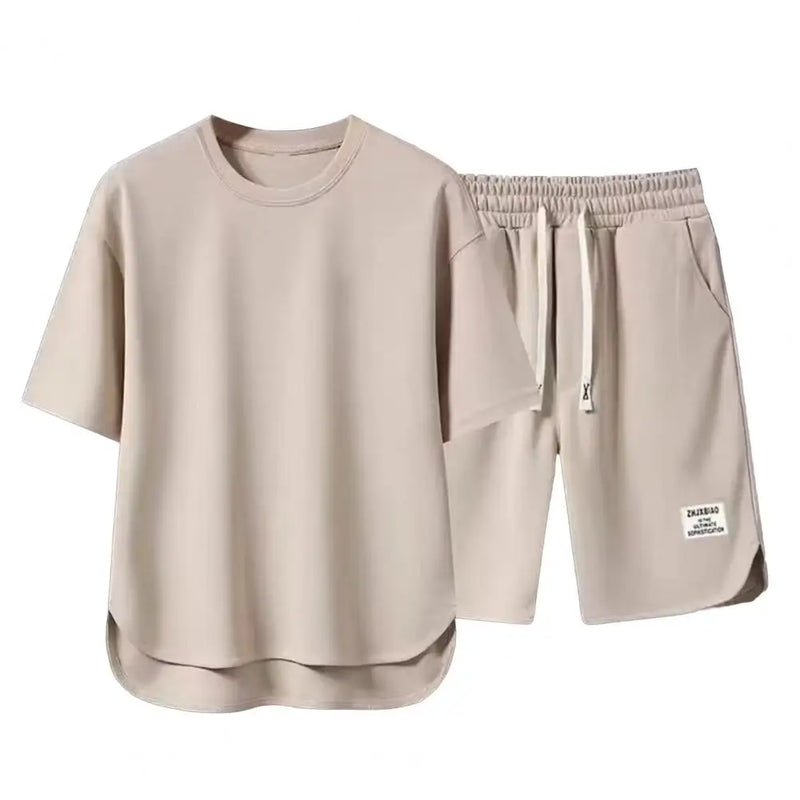 Men Activewear Set Men's Summer Casual Outfit Set O-neck Short Sleeve T-shirt Elastic Drawstring Waist Wide Leg Shorts for A