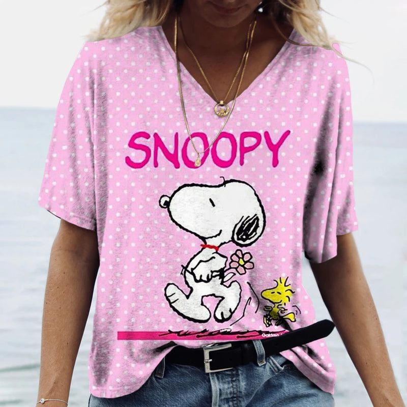 Summer Women T-Shirt S-3XL Fashion Short Sleeve V-Neck Top Snoopy print T-Shirt Casual Loose Female Street Style