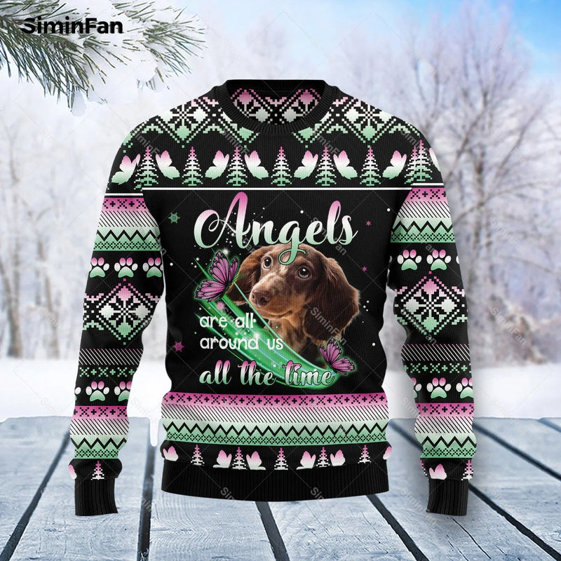 Dachshund Angel Ugly Christmas Sweater 3D Printed Men Pullover Casual Sweatshirt Couple Long Sleeve Shirt Unisex Female Top Coat