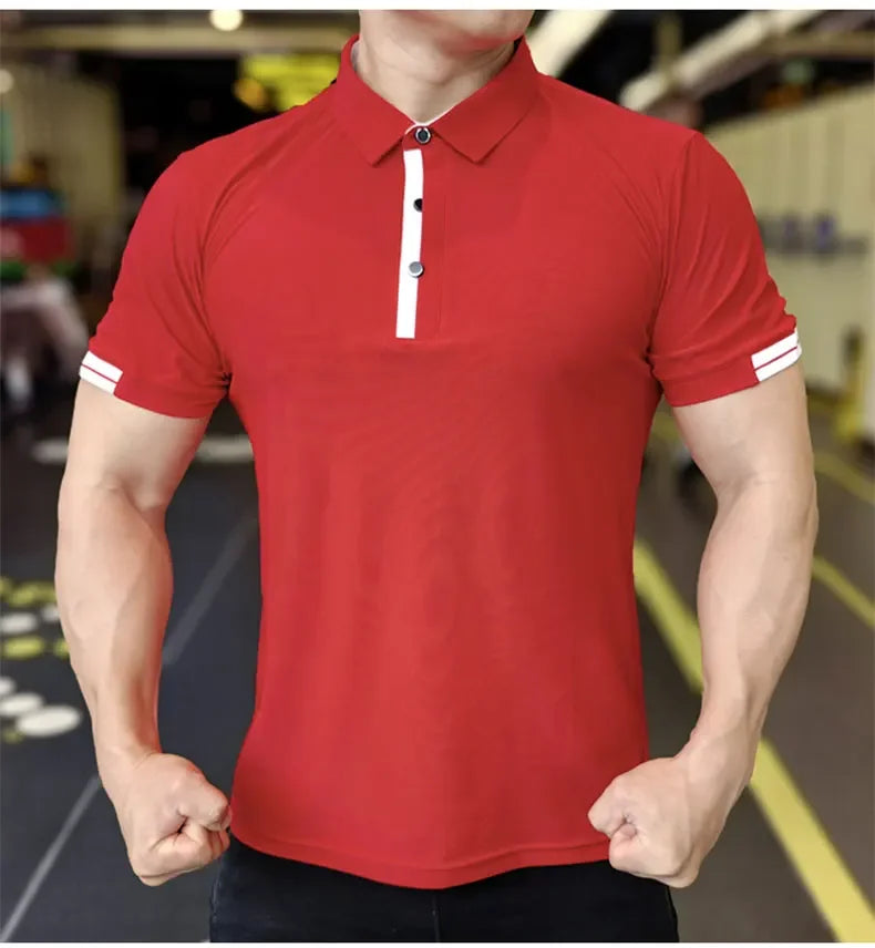 Men's Athleisure Ice Silk Top Tee Sweatshirts Fitness Training Tights Golf Short Lapel Activewear Sleeve Gym Muscle Fit Shirt