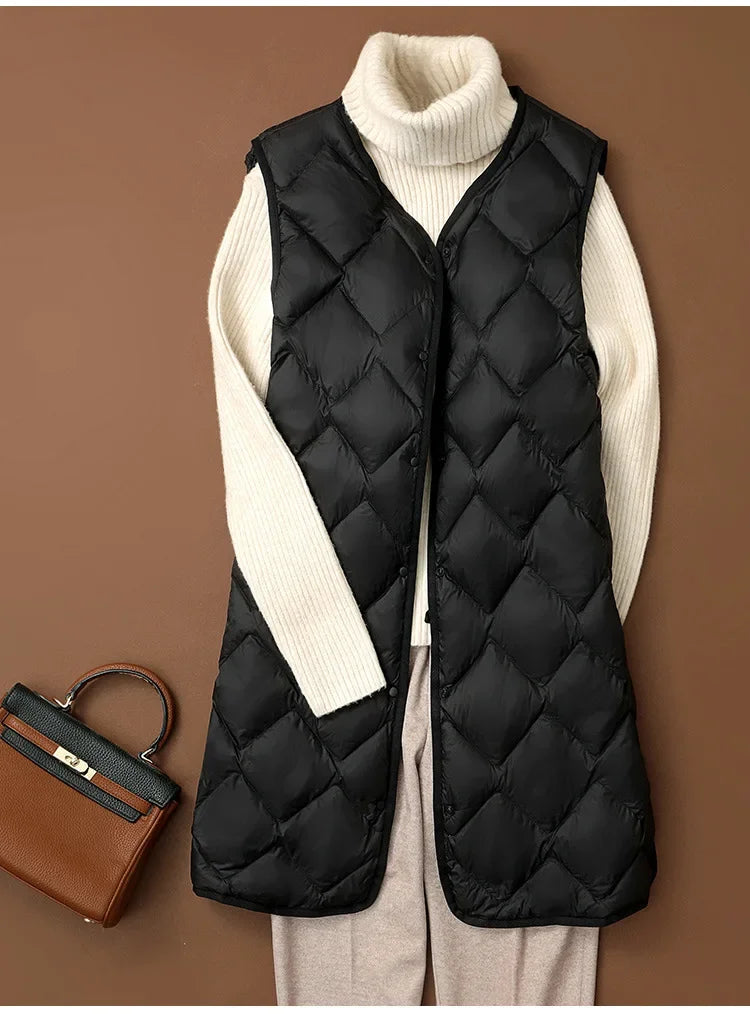 Plus Size Female Korean V-neck Casual Ultra Light Vest Coat Autumn Winter Women X-Long White Duck Down Warm Sleeveless Jackets