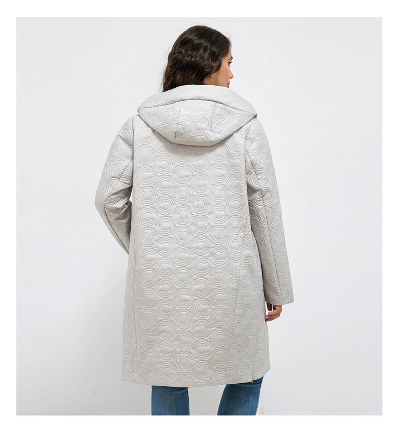 HaiLuoZi 2023 Autumn Women Jackets Plus Size Long Hooded Quilted Light weight Big pockets Bio-cotton Stylish Women's coat 5537