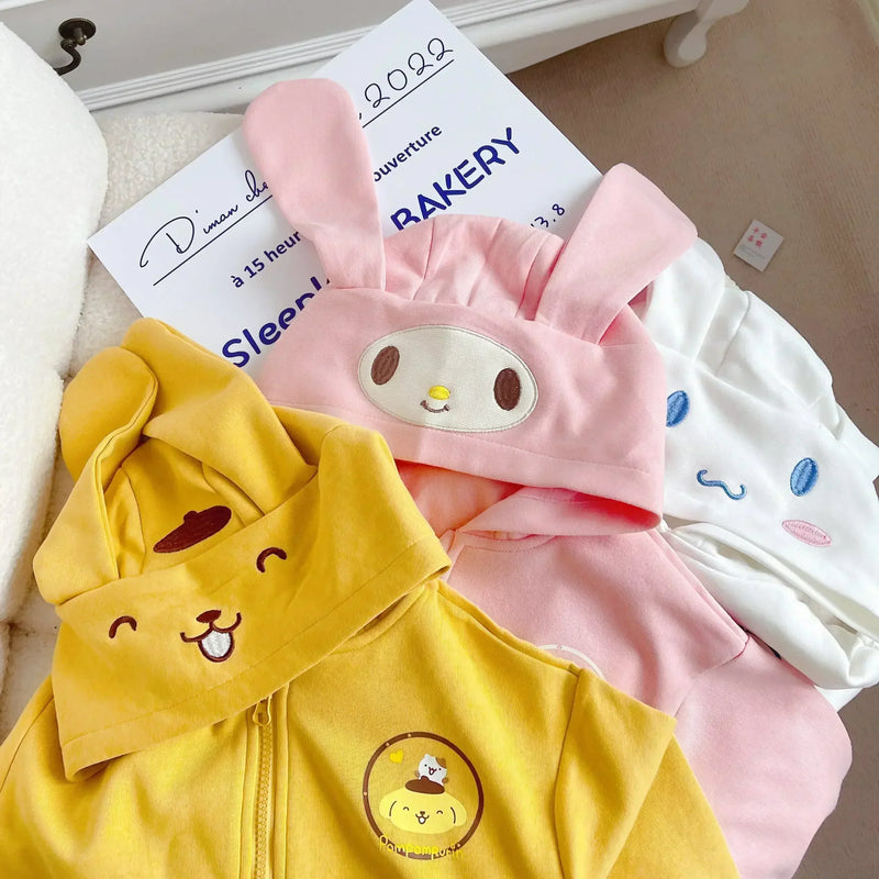 Sanrio Sweatshirt Hooded Kawaii My Melody Kuromi Cinnamoroll Zipper Long Sleeve Warm Coat Purin Plush Girls Hoodie Gift