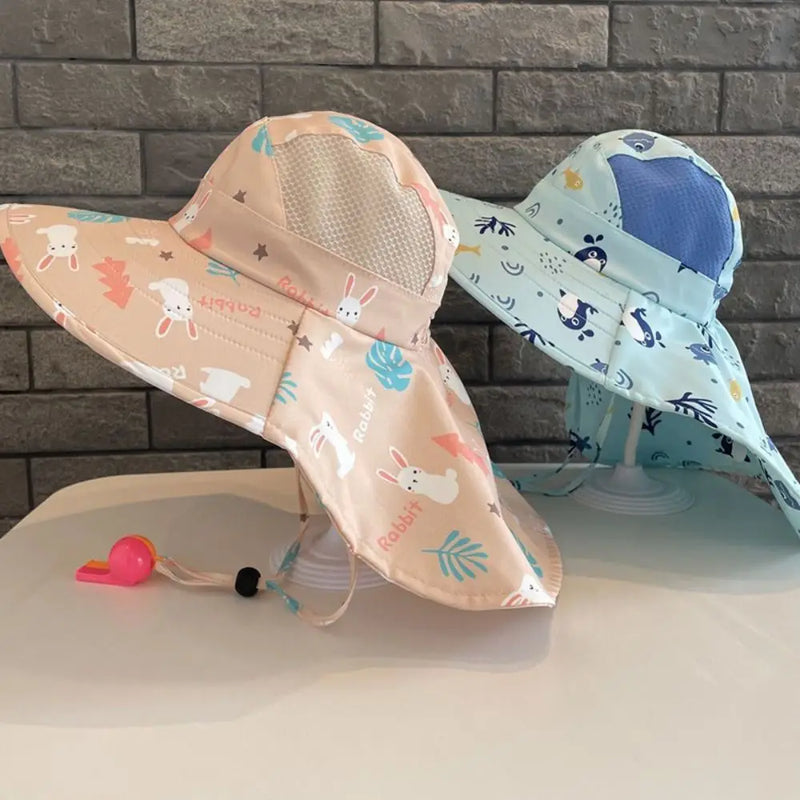 Bucket Cap Summer Baby Hat Neck Ear Cover With Whistle Children's Sunscreen Hat Wide Brim Breathable Kids Beach Caps