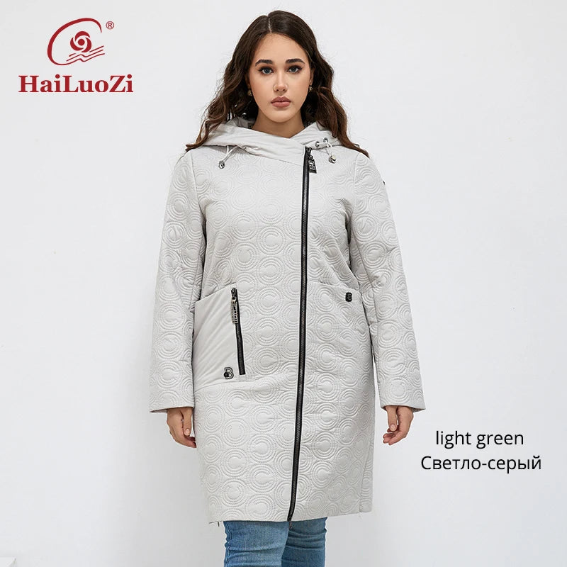 HaiLuoZi 2023 Autumn Women Jackets Plus Size Long Hooded Quilted Light weight Big pockets Bio-cotton Stylish Women's coat 5537