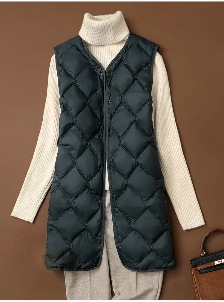 Plus Size Female Korean V-neck Casual Ultra Light Vest Coat Autumn Winter Women X-Long White Duck Down Warm Sleeveless Jackets