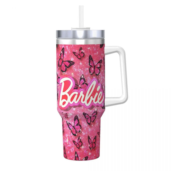 Stainless Steel Tumbler Miniso Kawaii Barbie Car Mugs With Straws Pink Logo Travel Hot Drinks Water Bottle 40oz Thermal Mug