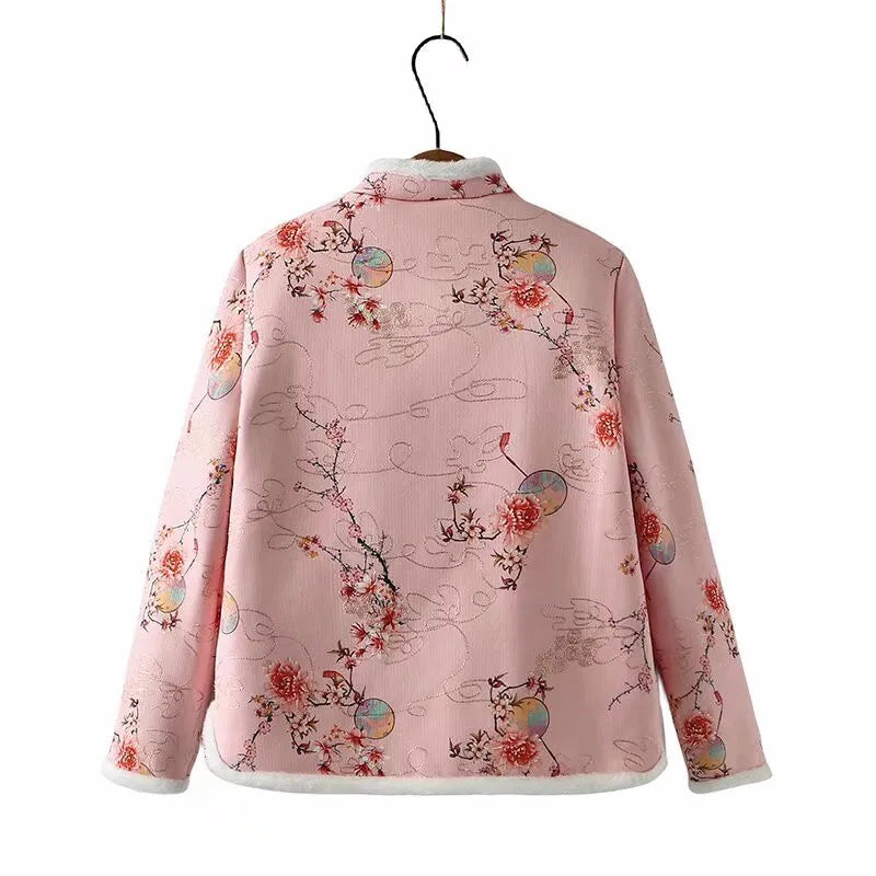 Plus Size Women's Clothing Winter Coat Warm Jacket With Chinese Style Flowers Design Thickened Coat With Cotton And Plush Inside