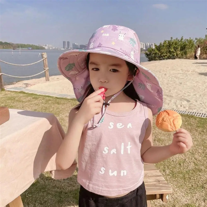 Bucket Cap Summer Baby Hat Neck Ear Cover With Whistle Children's Sunscreen Hat Wide Brim Breathable Kids Beach Caps