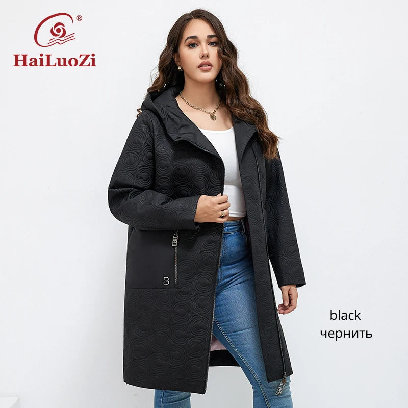 HaiLuoZi 2023 Autumn Women Jackets Plus Size Long Hooded Quilted Light weight Big pockets Bio-cotton Stylish Women's coat 5537