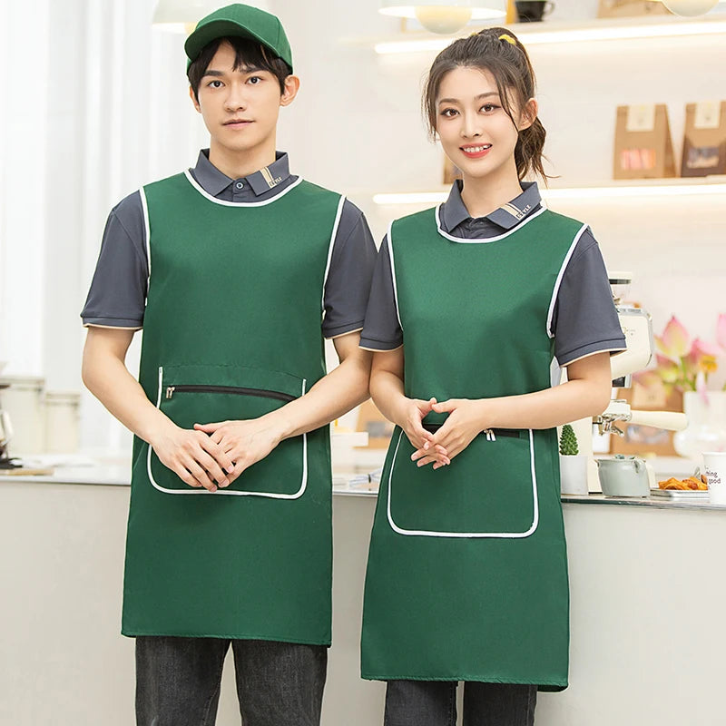 Custom Logo Brown Green Supermarket Convenience Studio Store Workwear Clothes Unifrom Working Vest Aprons With Zip Big Pokcets