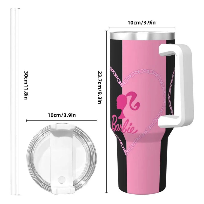 Stainless Steel Tumbler Miniso Kawaii Barbie Car Mugs With Straws Pink Logo Beach Cold Drink Water Bottle Large Coffee Mug