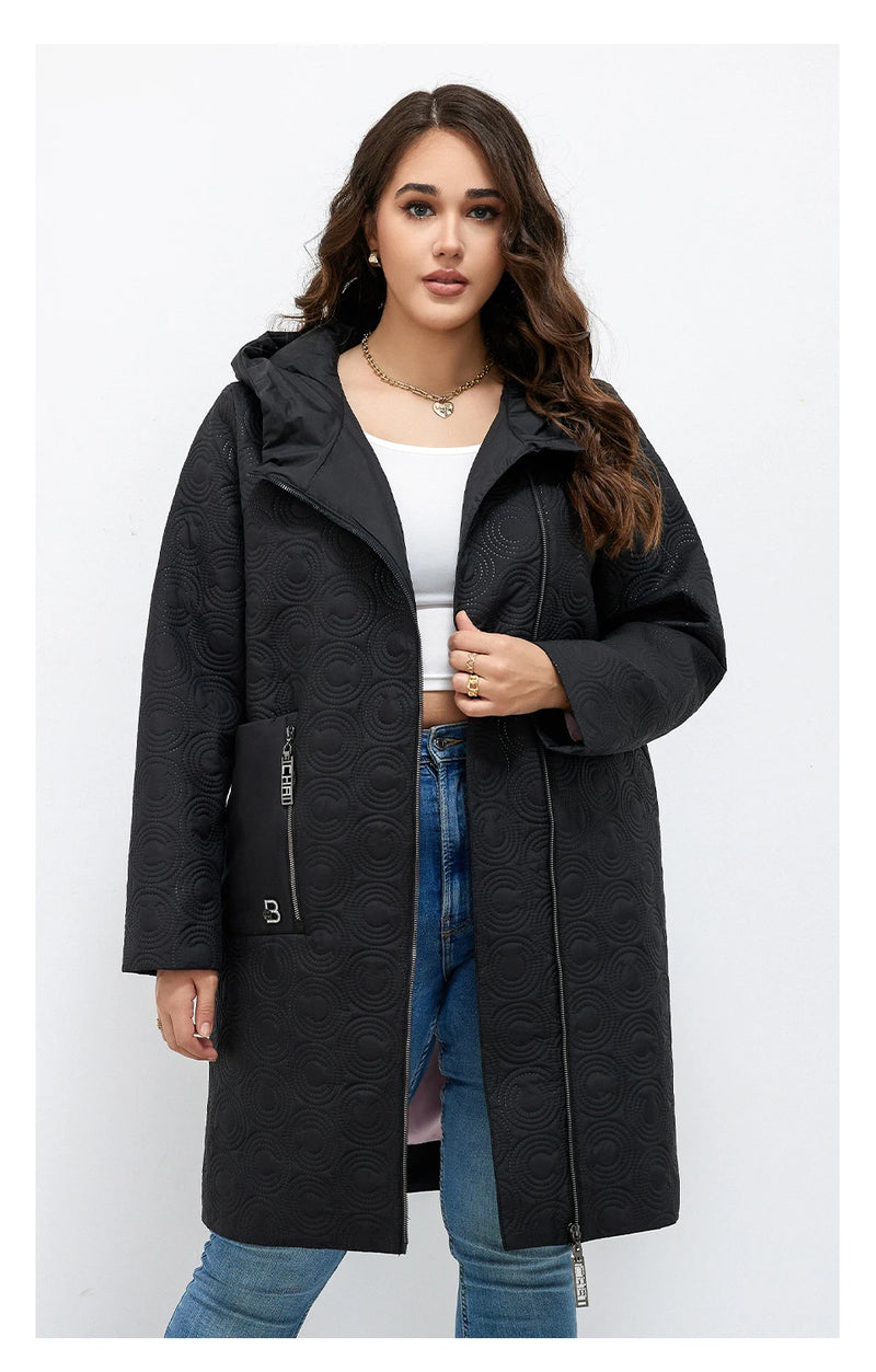 HaiLuoZi 2023 Autumn Women Jackets Plus Size Long Hooded Quilted Light weight Big pockets Bio-cotton Stylish Women's coat 5537