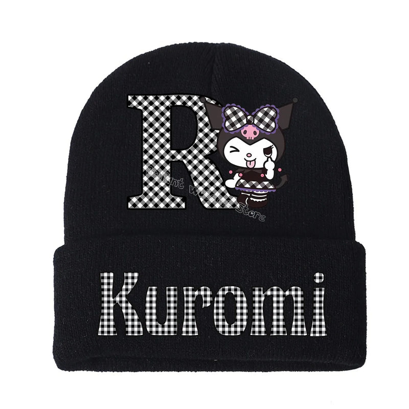 Kuromi Knitted Hat for Children A-Z Letters Cartoon Beanies Cap Winter Kids Street Hats Outdoor Warm Knitted Cap Black Hats Gift