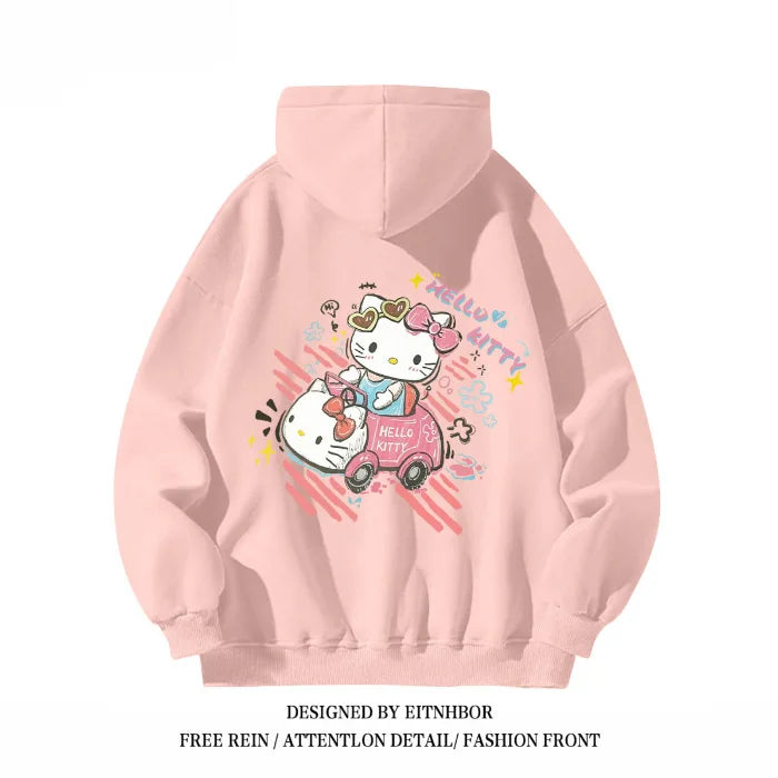 Hello Kitty Hooded Sweatshirt American Niche Fun Graffiti Cartoon Anime Women'S Autumn and Winter Loose Fit Slimming Jacket