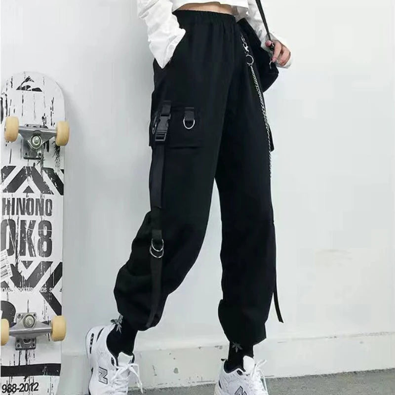 ZOKI Gothic Women Cargo Pants Black Joggers High Waisted Harajuku Harem Pants Punk Goth Techwear Chain Trousers Female Hip Hop