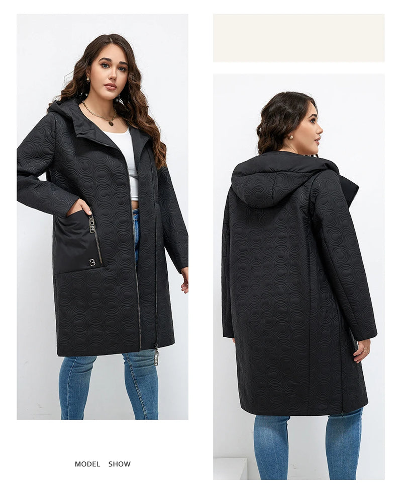 HaiLuoZi 2023 Autumn Women Jackets Plus Size Long Hooded Quilted Light weight Big pockets Bio-cotton Stylish Women's coat 5537